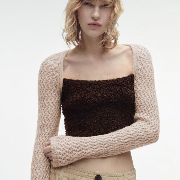 Zara wool blend long sleeve fuzzy knit crop top - Picture 2 of 7